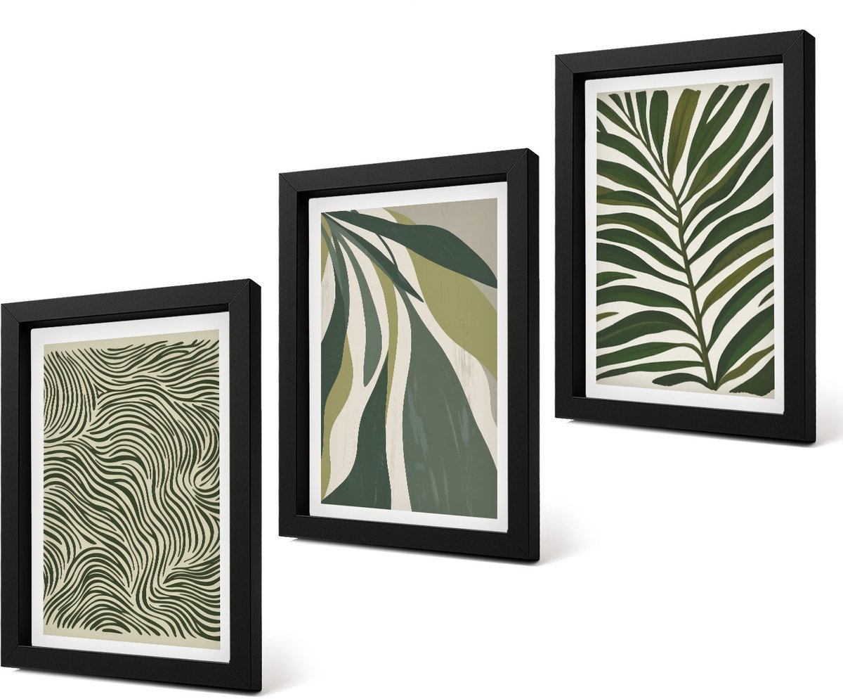 Coloray 4-Delige Schilderij Set - Bladpatronen en golvende lijnen in groene tinten - 20 x 30 cm - Muurdecoratie - Wanddecoratie - Slaapkamer