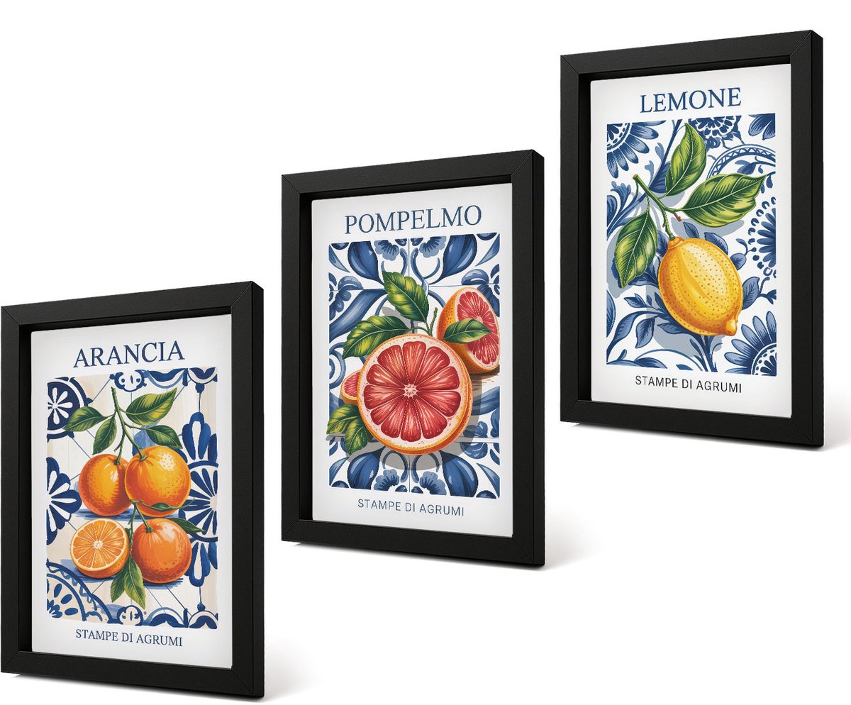 Coloray 4-Delige Schilderij Set - Trendy posters met citrusvruchten in Italiaanse stijl - 20 x 30 cm - Wanddecoratie - Muurdecoratie - Moderne Interieurdecoratie