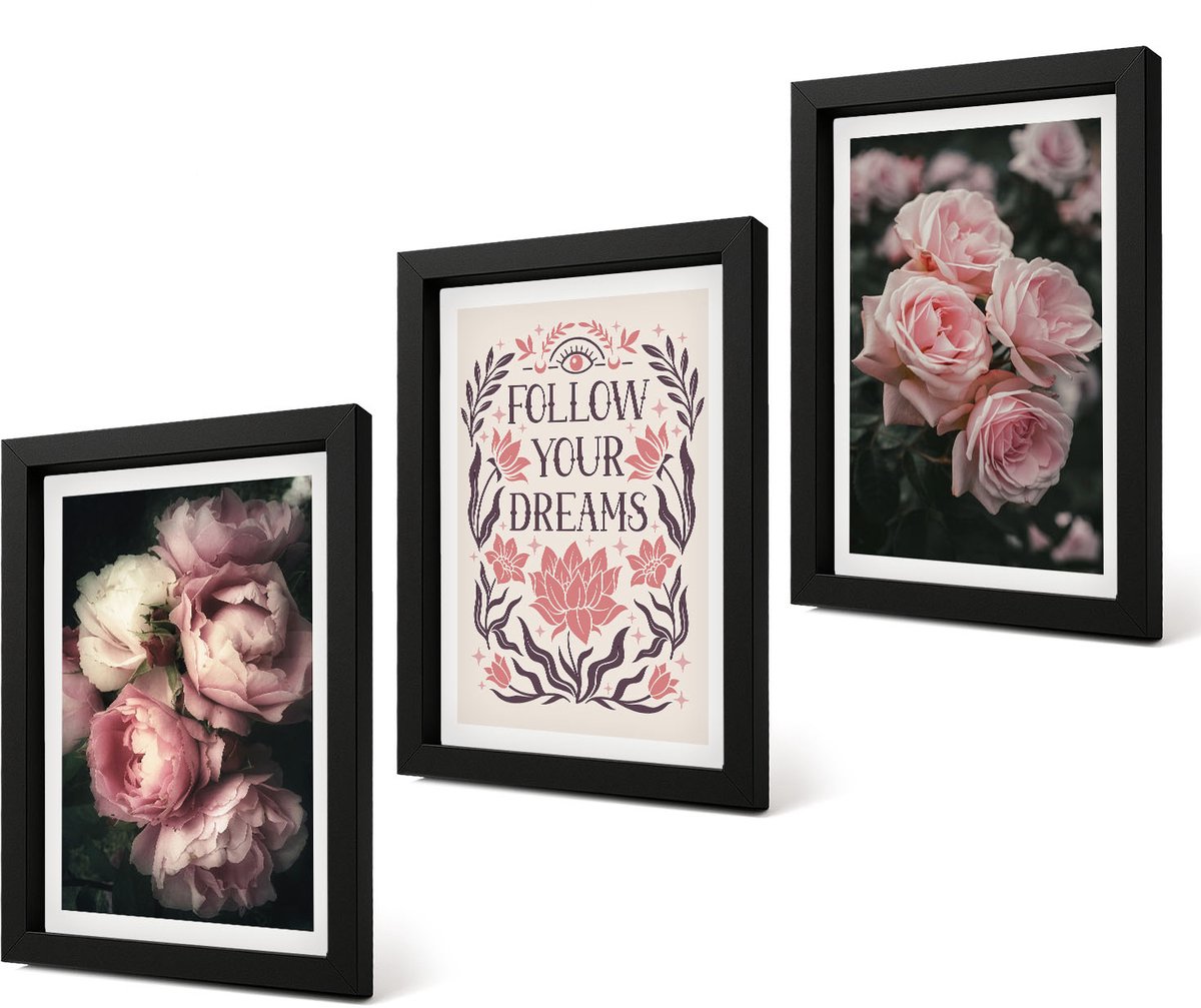 Coloray 4-Delige Schilderij Set - Vintage rozen met de inscriptie 'Over dromen'. - 20 x 30 cm - Moderne Wanddecoratie - Woonkamer