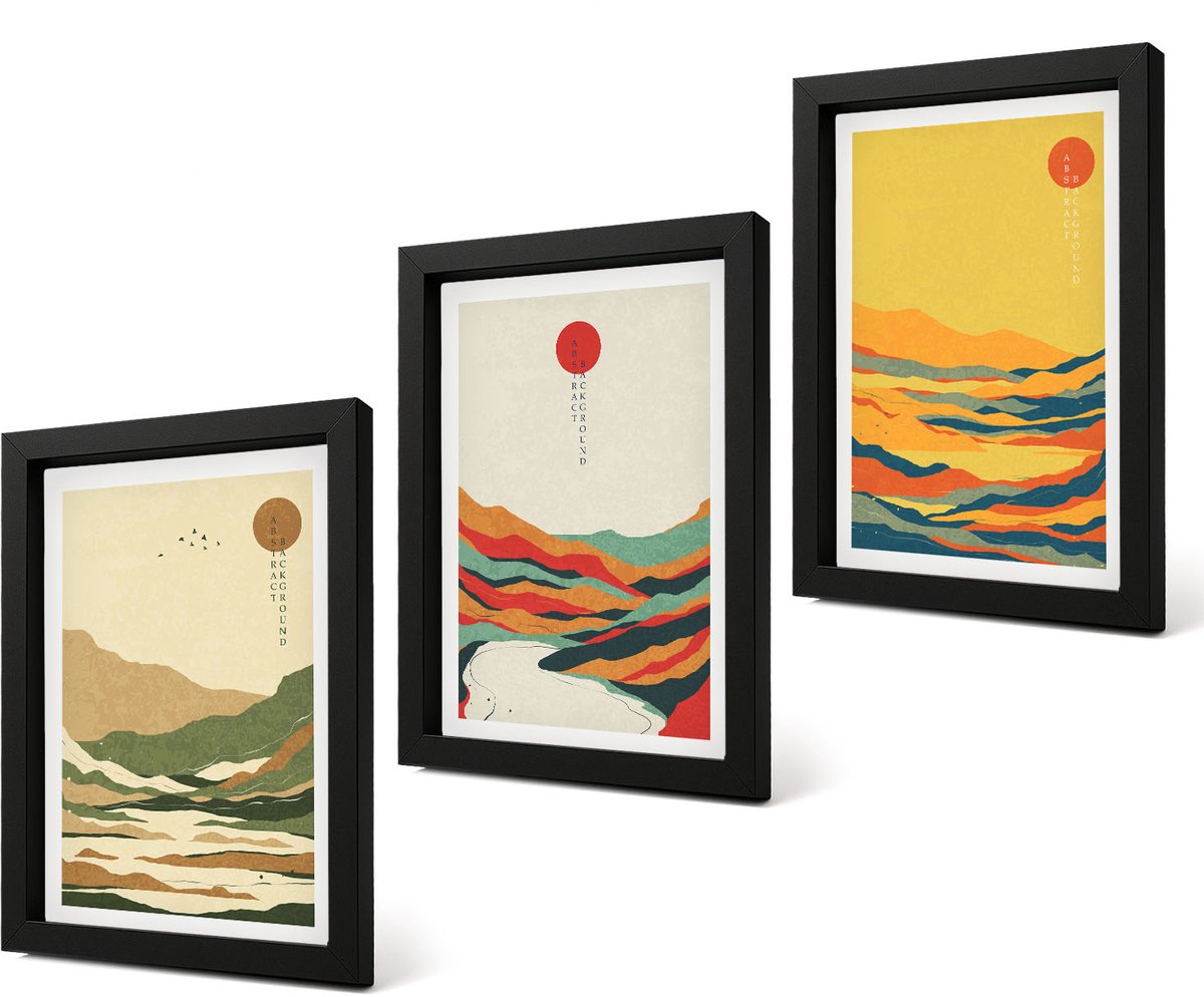 Coloray 4-Delige Schilderij Set - Kleurrijke patronen van bergen en rivieren in Japandi-stijl - 20 x 30 cm - Wanddecoratie - Muurdecoratie - Woonkamer - Stijlvolle Muurdecoratie