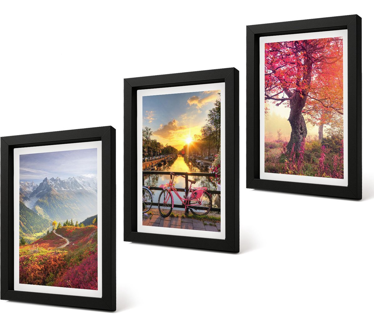 Coloray 4-Delige Schilderij Set - Berglandschappen met een fiets en een herfstboom - 20 x 30 cm - Decoratieve Schilderijen - Wanddecoratie - Hal - Woonkamer Decoratie
