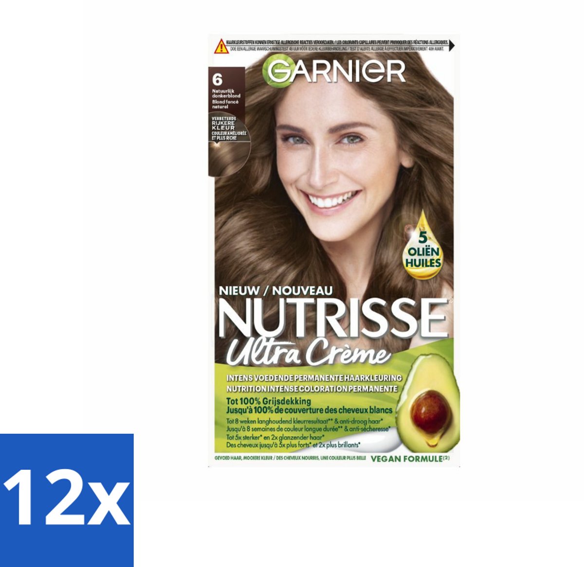 12 x Garnier - Nutrisse Ultra Crème 6 - Haarkleuring - Natuurlijk Donkerblond - Intens Voedend - Permanente Kleur - Haarverf - Permanente Haarkleur - Donkerblond - Nutrisse Ultra Crème - Grijsdekking