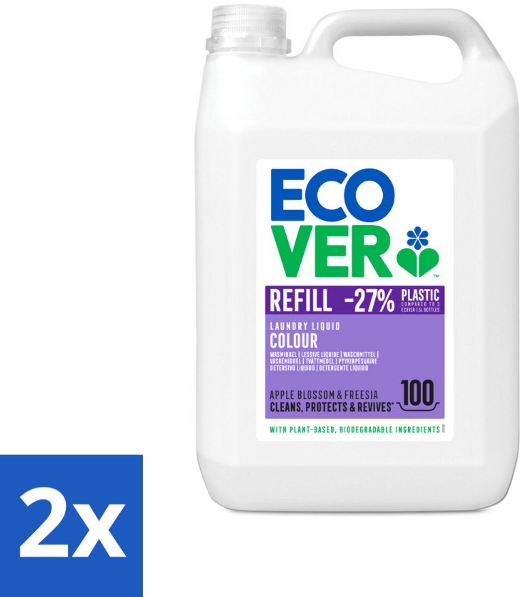 2 x Ecover - Vloeibaar wasmiddel - Color - Appelbloesem & Freesia - 5 liter - 100 wasbeurten - Wasmiddel - Vloeibaar Wasmiddel - Biologisch Wasmiddel - Plantaardig Wasmiddel - Wasmiddel Kleur