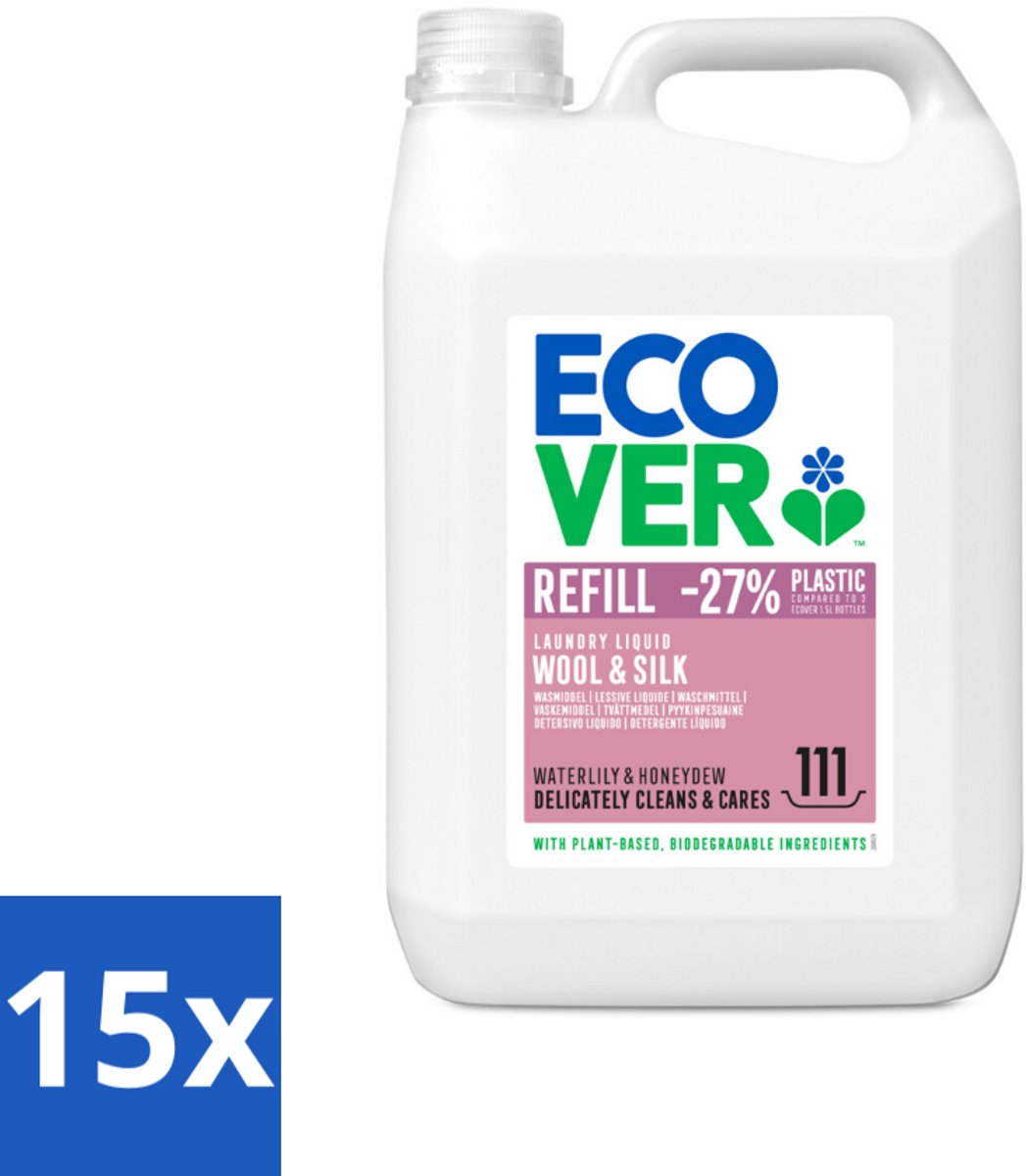 Ecover - Vloeibaar wasmiddel - Wol & Fijnwas - Waterlelie & Honingmeloen - 5 liter - 111 wasbeurten - Bulkverpakking - 15 stuks