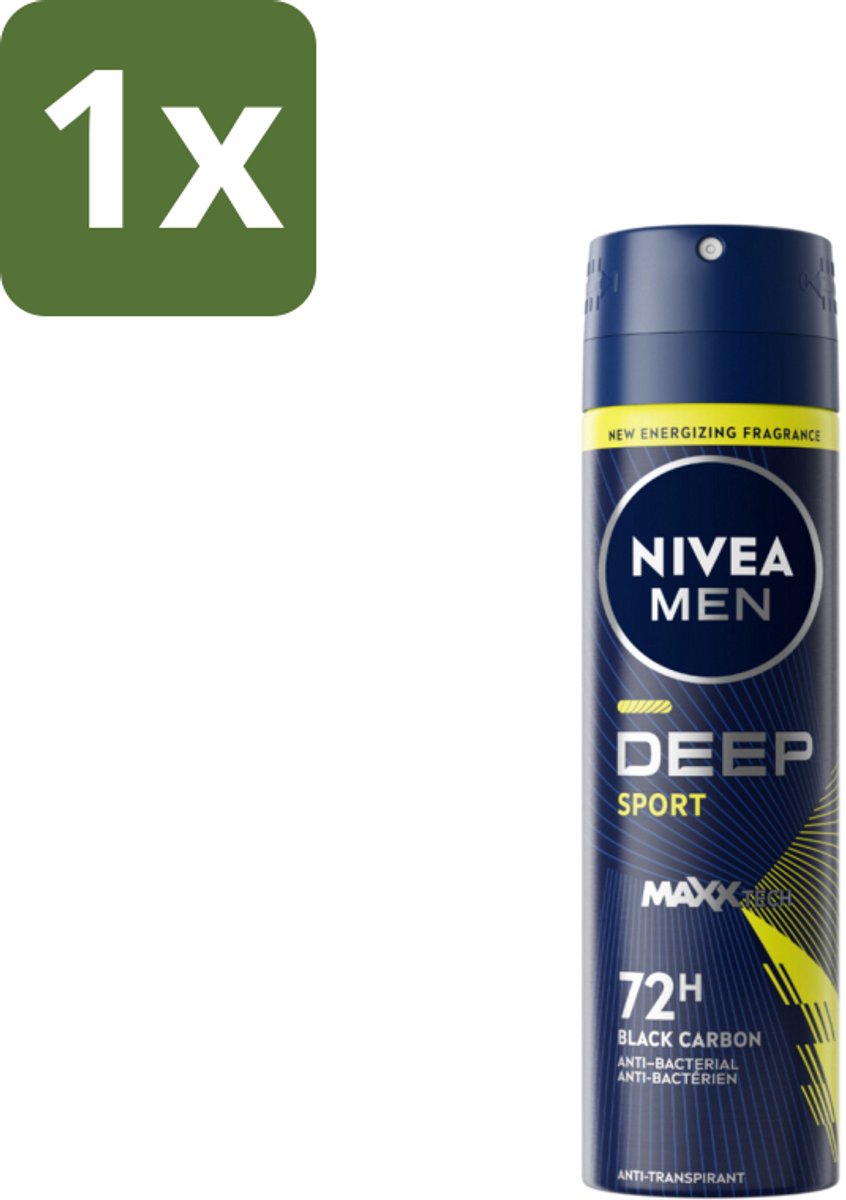 1 x NIVEA MEN - Deodorant Spray - Deep Sport - 150 ml - NIVEA MEN Deep Sport Deospray - Anti-transpirant - 72 Uur Bescherming - Black Carbon - MAXXTech