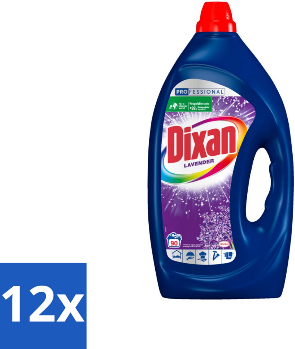 12 x Dixan - Vloeibaar wasmiddel - Fresh Lavender - Professional - 90 wasbeurten - Dixan - Wasmiddel - Lavendelgeur - Professioneel - Vloeibaar