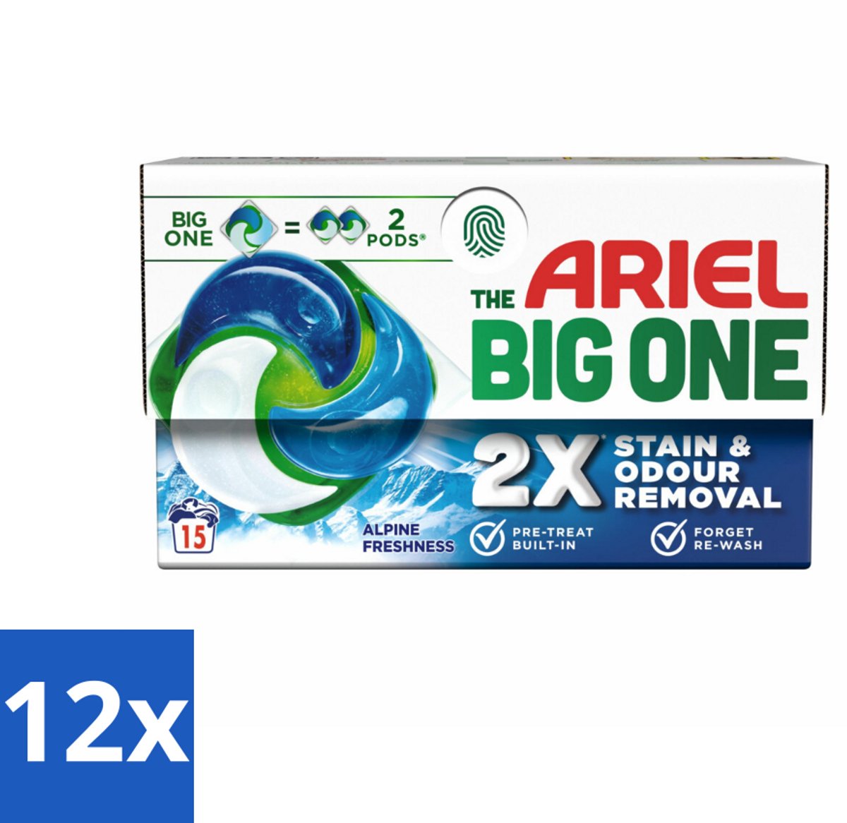 12 x Ariel - 3in1 Wasmiddel Pods - The Big One - Alpine - 15 Pods - Ariel Wasmiddel - Wascapsules - Wasmiddel Pods - Alpine Geur - Vlekkenverwijderaar