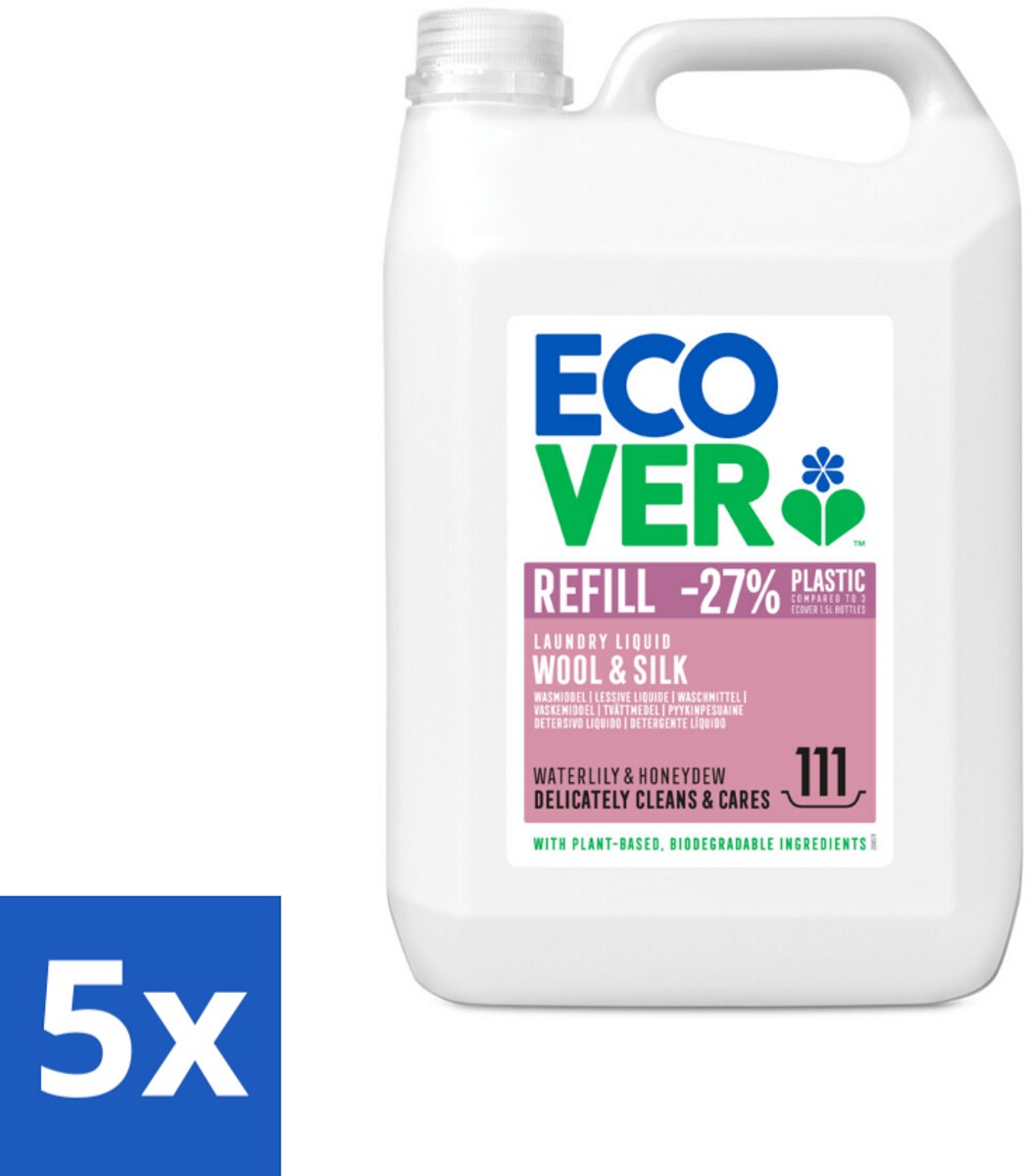 Ecover - Vloeibaar wasmiddel - Wol & Fijnwas - Waterlelie & Honingmeloen - 5 liter - 111 wasbeurten - Bulkverpakking - 5 stuks