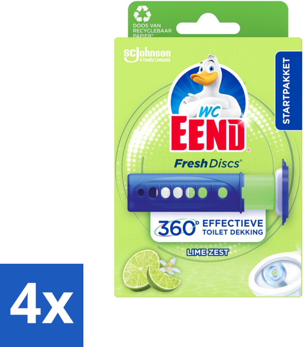 4 x WC Eend - Fresh Discs Lime Zest - Toiletgel - Hygiënisch & Fris tot 7,5 Weken - 36 ml - Toilet Schoonmaak - Toilet Reiniging - Toilet Fris - Toilet Geur - Toiletblokken