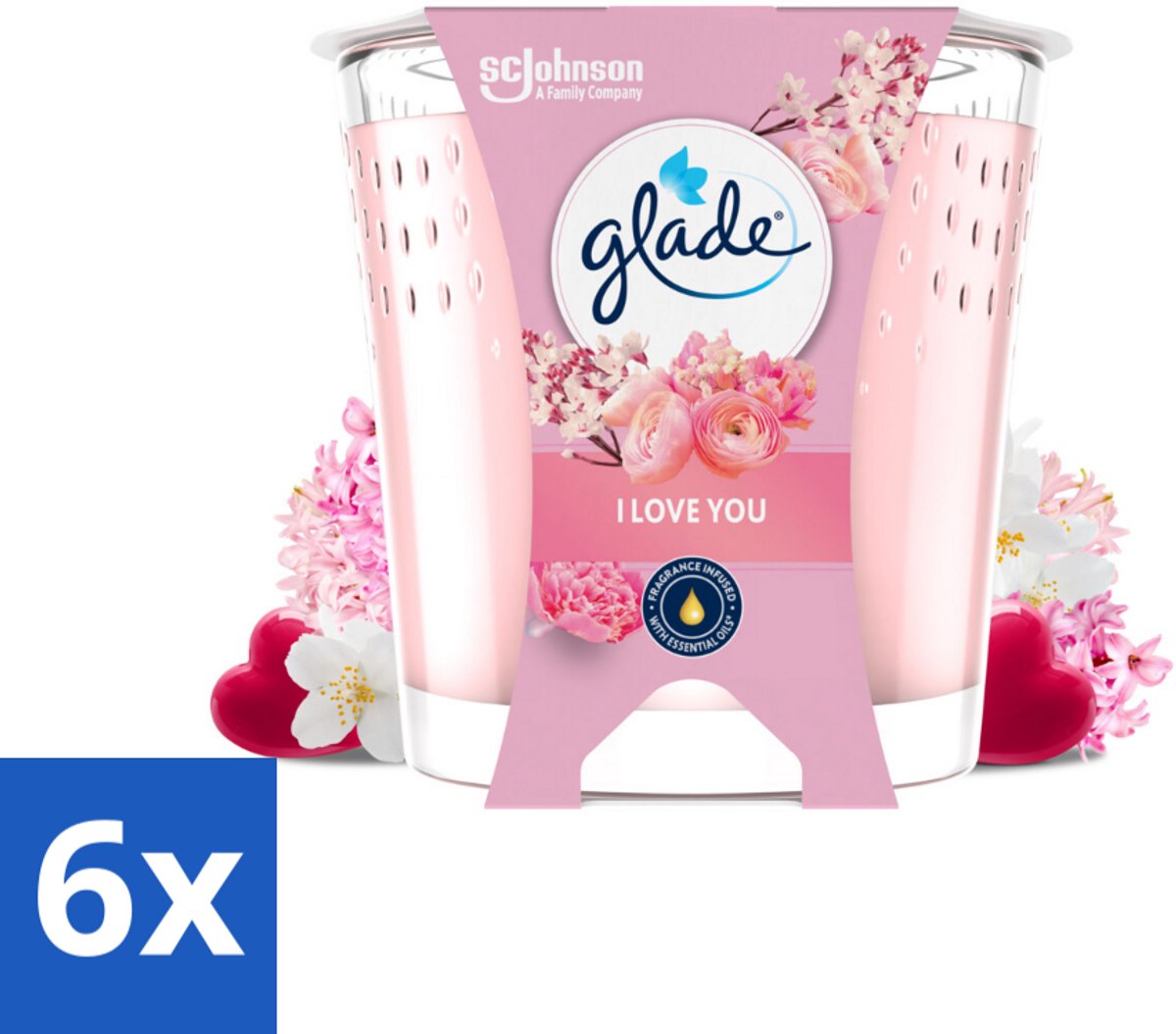 6 x Glade - Geurkaars I Love You - 100% Raapzaadwas & Vegan - 112 g - Geurkaars - Vegan - Raapzaadwas - Geur - Bloemen