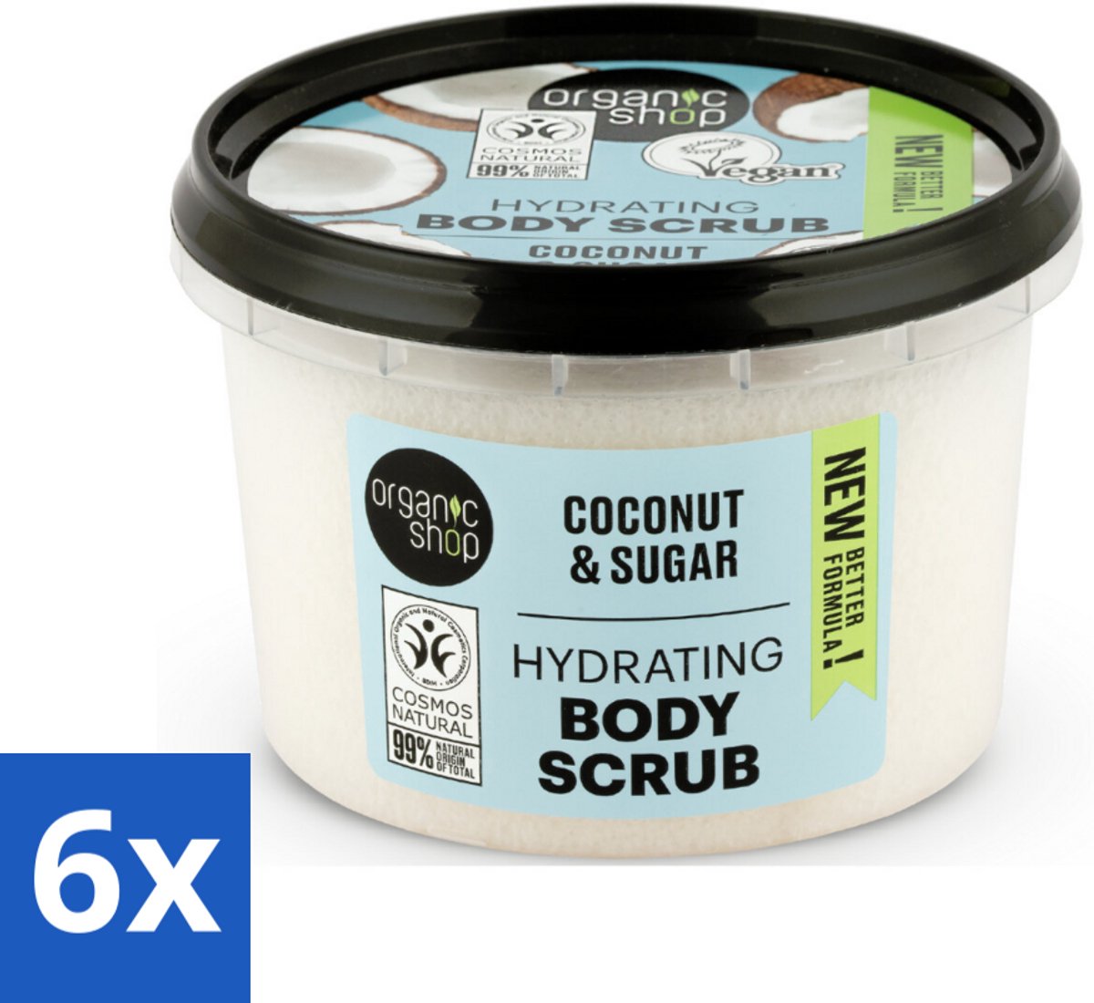 6 x Organic Shop - Hydrating Body Scrub Coconut - Diep Voedend - 250 ml - Suikerscrub - Hydraterende Body Scrub - Kokos - Natuurlijke Ingrediënten - Exfoliatie