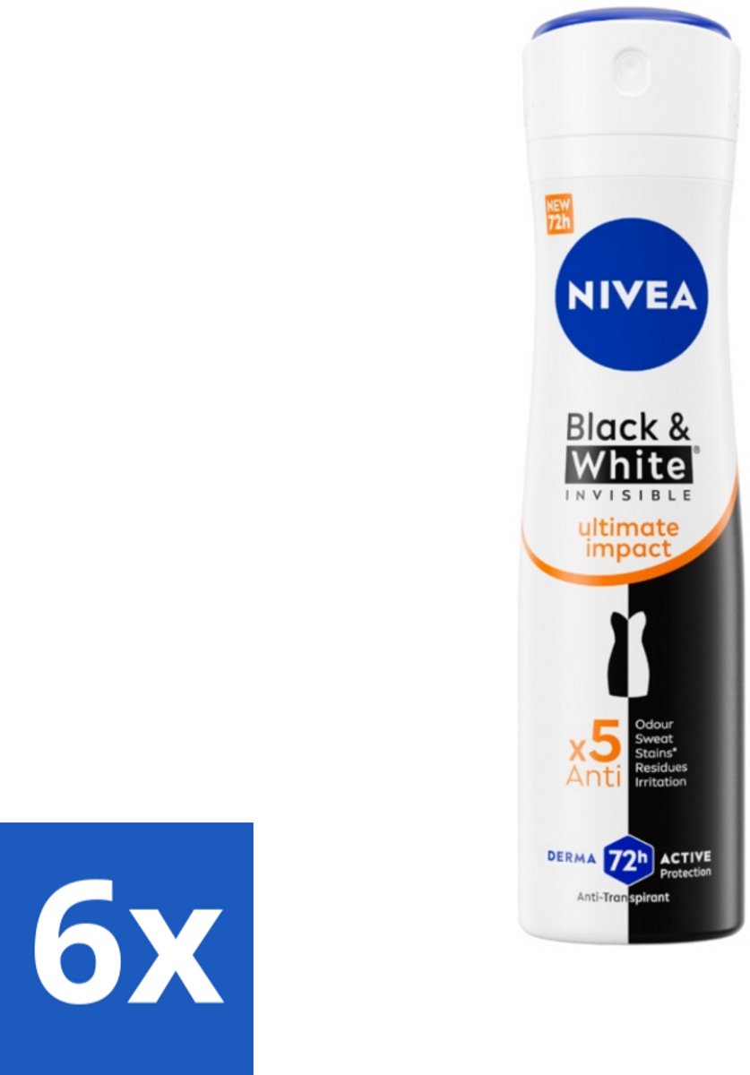 6 x NIVEA - Deodorant Spray - Zwart & Wit Ultieme Impact - Anti-Transpirant - 150 ml - NIVEA Deodorant - Deodorant Spray - Anti-transpirant - Vlekkenvrije Deodorant - Deodorant Voor Vrouwen