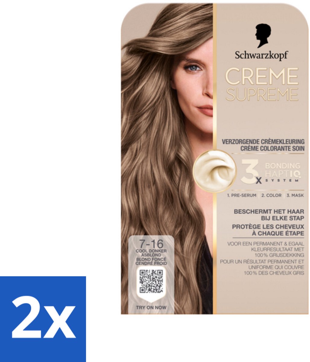 2 x Schwarzkopf - Haarkleuring - Creme Supreme 7-16 - Cool Donker Asblond - 245g - Asblond Haar - Permanente Haarkleur - Grijsdekking - Koele Blondtint - Haarkleur Verzorging