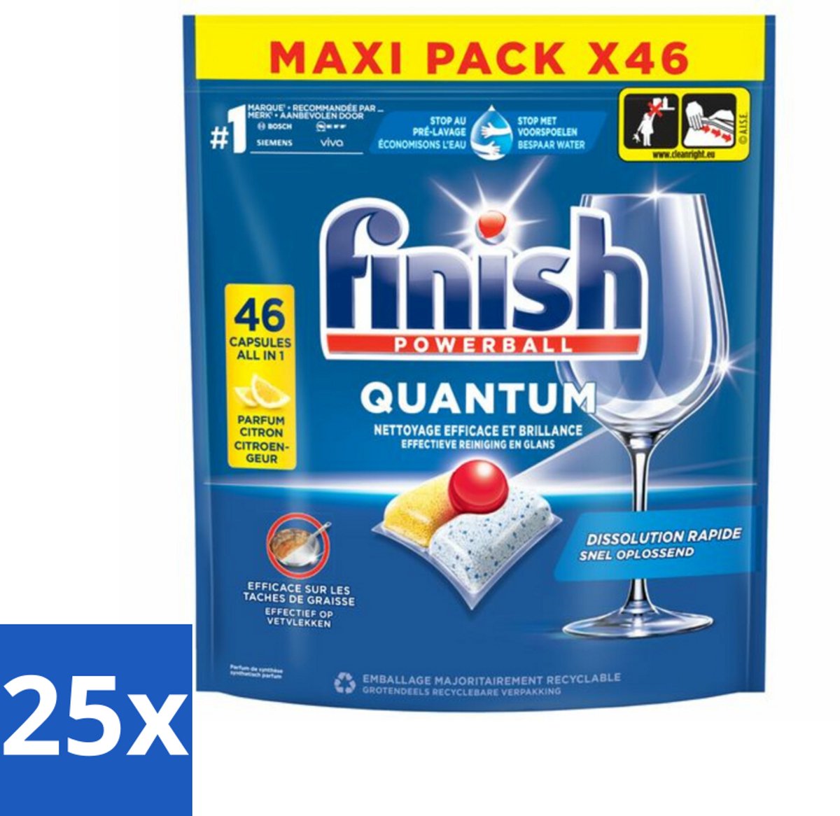 25 x Finish - Vaatwasmiddel - Quantum Vaatwastabletten Citroen - Diepe Reiniging & Frisheid - 46 capsules - Vaatwasmiddel - Vaatwastablet - Diepe Reiniging - Citroengeur - Glans