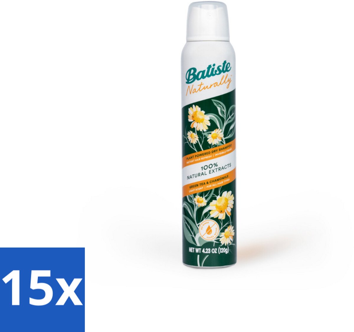 15 x Batiste - Naturally Green Tea & Chamomile - Droogshampoo - 100% Natuurlijke Extracten - Verfrist en Zuivert - 200ml - Natuurlijke Haarverzorging - Droogshampoo - Groene Thee - Kamille - Haartype