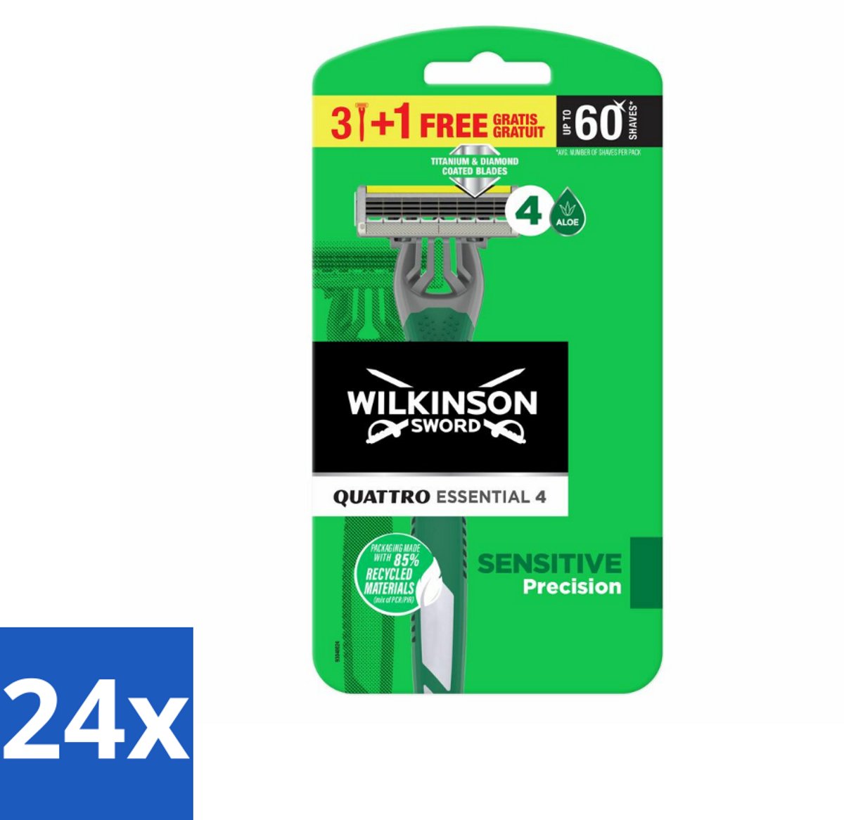 24 x Wilkinson - Wegwerpscheermesjes - Quattro Essential 4 - Strak Scheren - 4 mesjes - Wegwerpscheermesjes - Scheermes - Quattro Essential - Wilkinson Sword - Scheermesjes