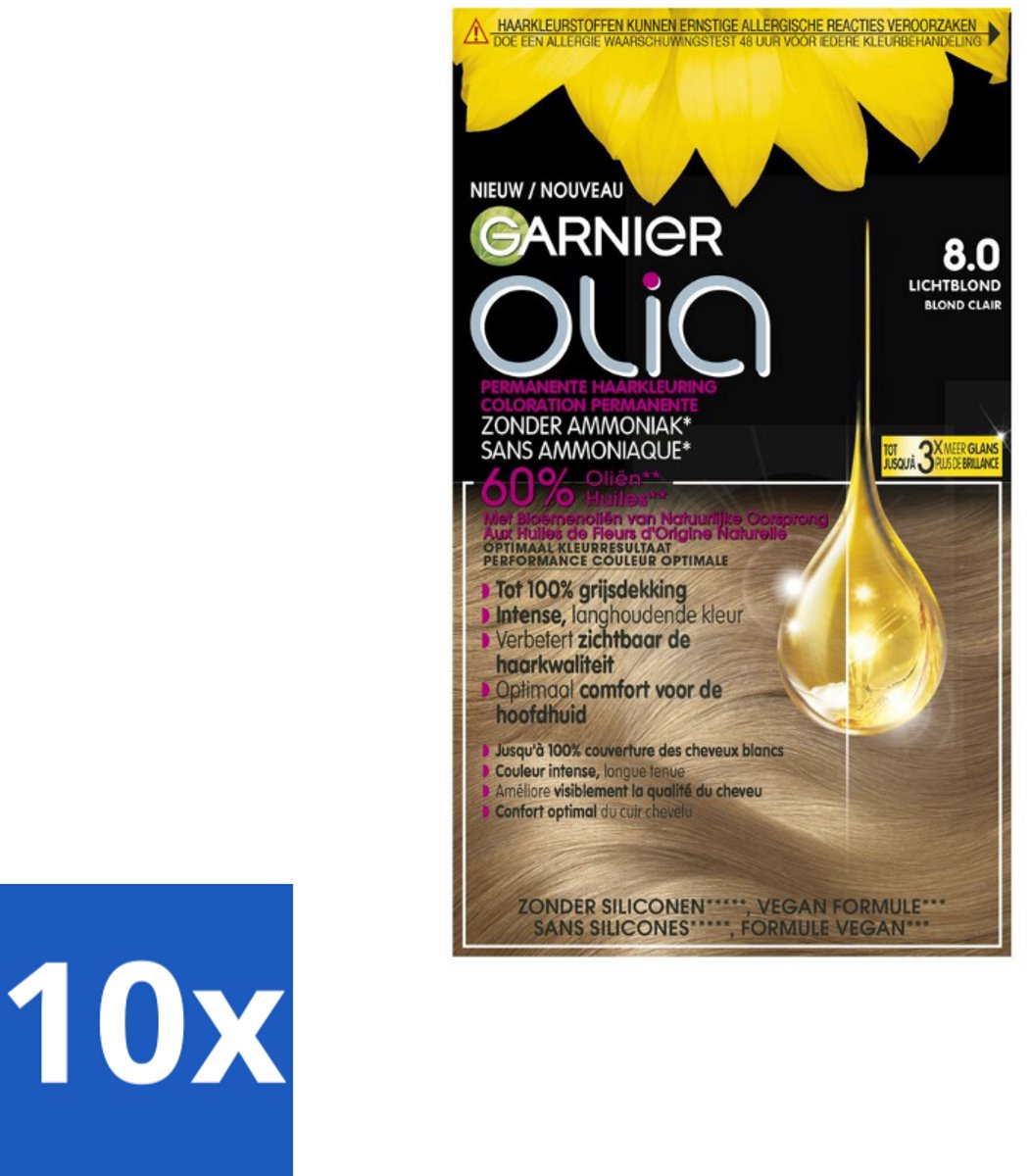 10 x Garnier - Olia 8 - Haarkleuring - Lichtblond - Zonder Ammoniak - 60% Olie - Permanente Kleur - Haarkleuring - Lichtblond - Permanent - Zonder Ammoniak - 60% Olie