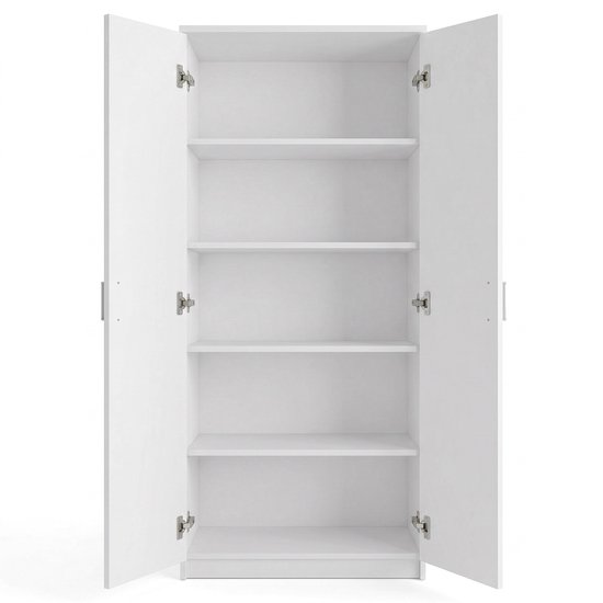 Witte kledingkast met beide deuren open, toont vijf planken en scharnieren.