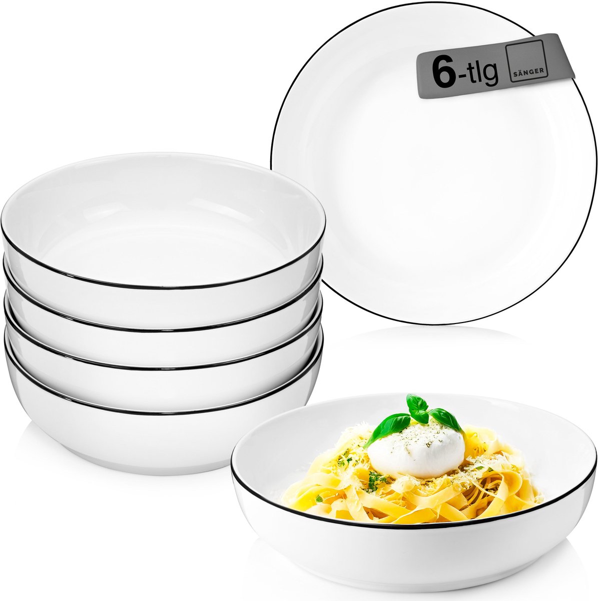 SÄNGER Marlo Black Rim Pastaschalen Set - 6-Delig Porseleinen Kommen - Wit Zwart Rand - 22 cm - Stapelbaar - Handgemaakt - Vaatwas- En Magnetronbestendig