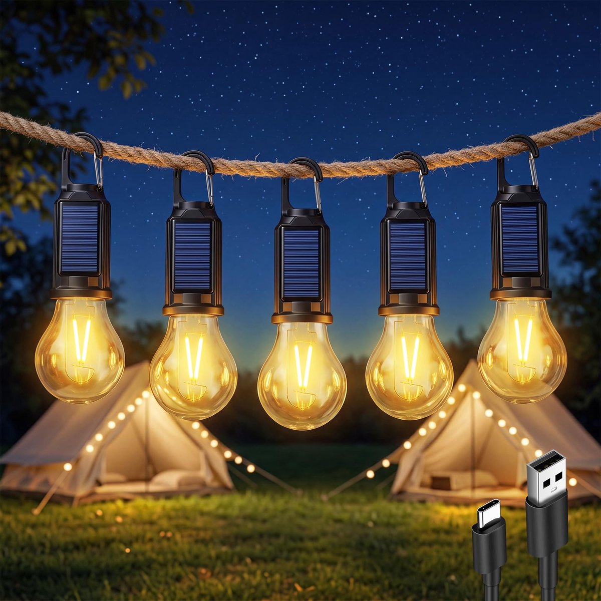 LIISIMI Campinglamp, oplaadbaar, led-campinglamp, op zonne-energie, met 3 helderheidsmodi, waterdicht, voor camping - ShopVlot
