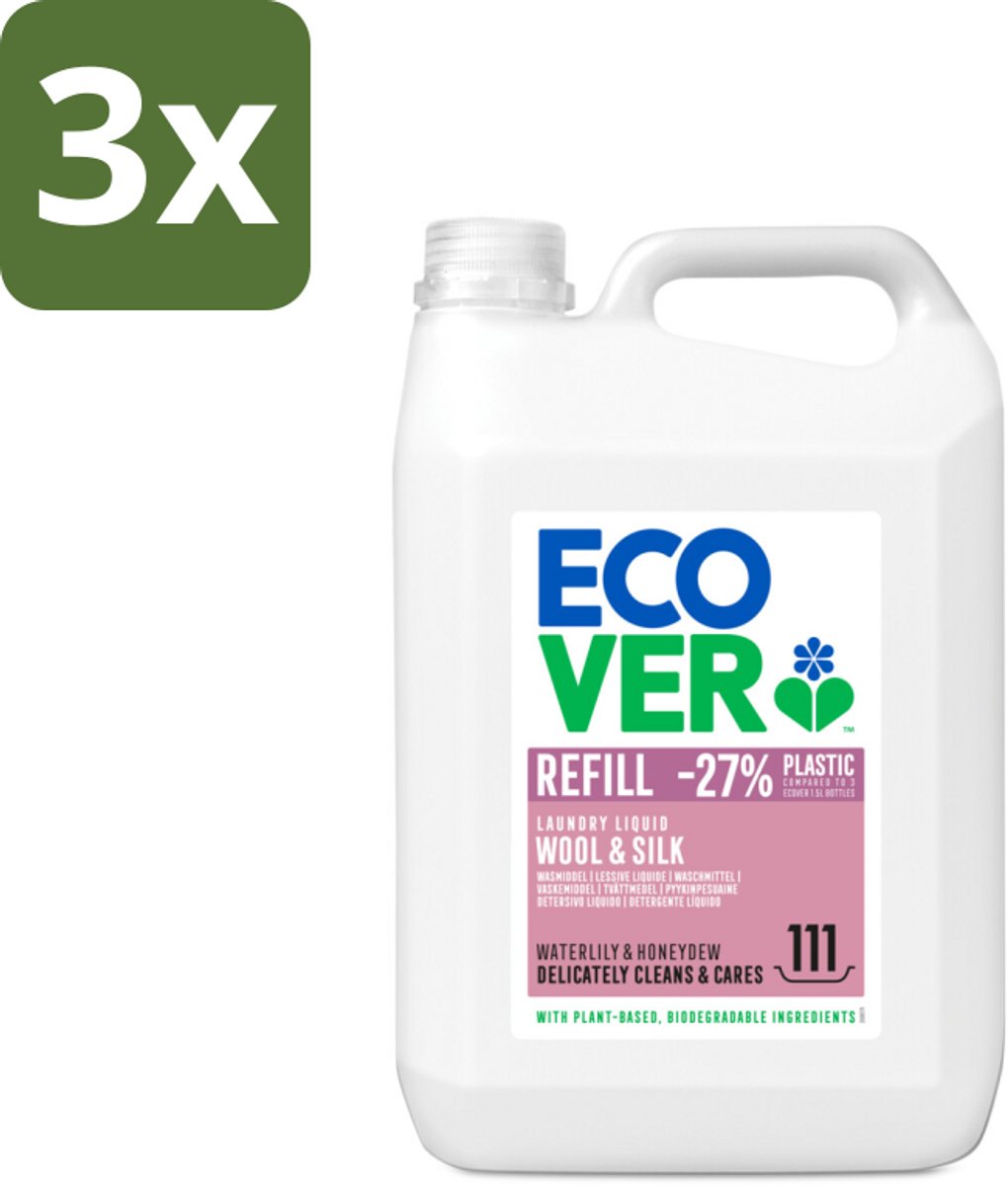 Ecover - Vloeibaar wasmiddel - Wol & Fijnwas - Waterlelie & Honingmeloen - 5 liter - 111 wasbeurten - Bulkverpakking - 3 stuks