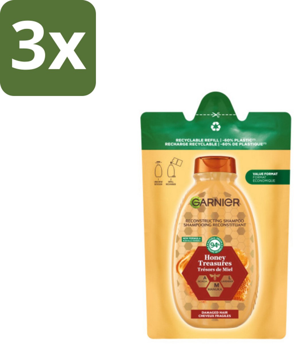 Garnier - Loving Blends - Shampoo Refill - Honing Goud - Beschadigd & Breekbaar Haar - 250 ml - Bulkverpakking - 3 stuks