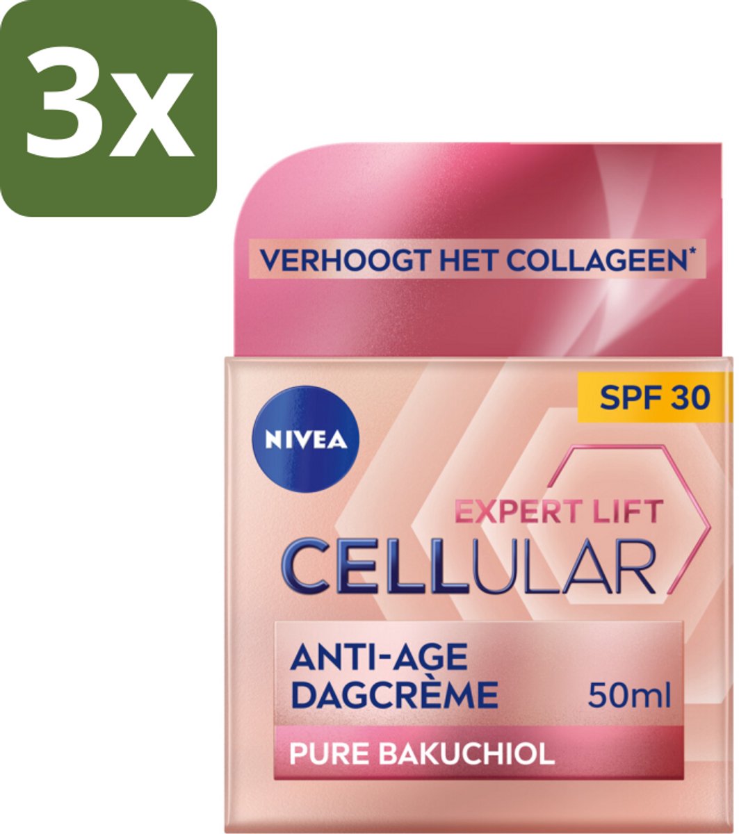 NIVEA - CELLular Expert Lift Dagcrème - Anti-Veroudering Crème - SPF 30 - Voor alle huidtypen - Met Bakuchiol & Hyaluronzuur - 50 ml - Bulkverpakking - 3 stuks