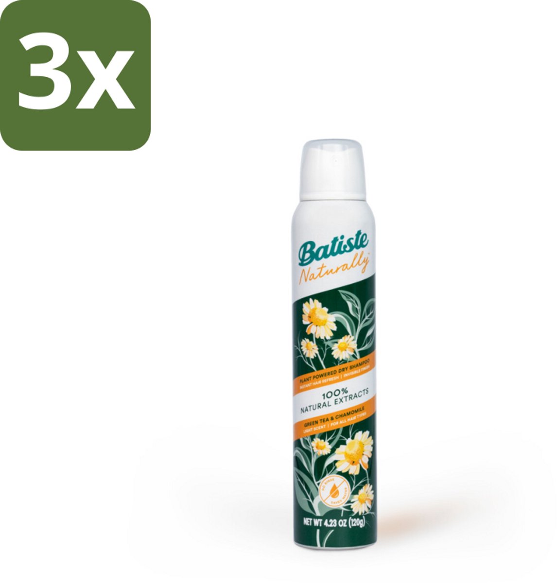 Batiste - Naturally Green Tea & Chamomile - Droogshampoo - 100% Natuurlijke Extracten - Verfrist en Zuivert - 200ml - Bulkverpakking - 3 stuks