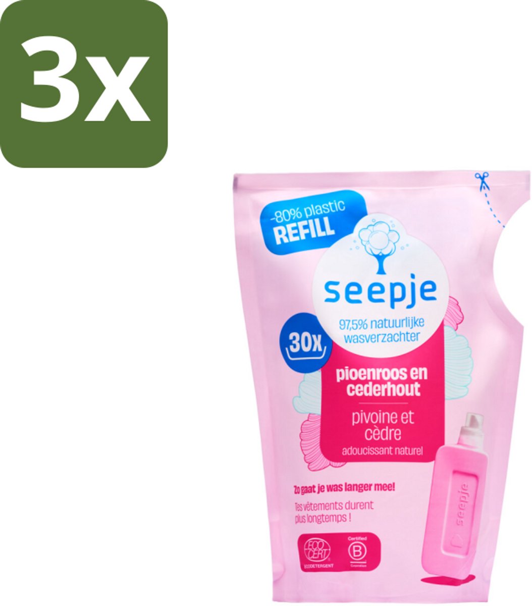 Seepje - Wasverzachter - Duurzaam & Frisse Geur - Navulling - Pioenroos en Cederhout - 30 Wasbeurten - 750 ml - Bulkverpakking - 3 stuks