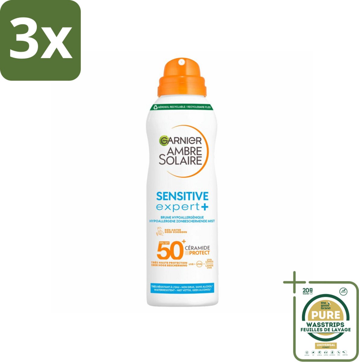 3 x Garnier - Ambre Solaire - Mist Spray - Sensitive Expert+ - SPF 50+ - 150 ml - Grootverpakking - Zonnescherm Mist Spray - Gevoelige Huid - SPF 50+ - Ceramide Protect - Karitéboter