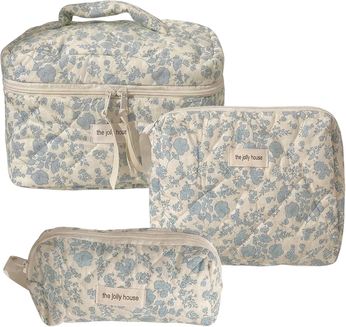 Make-up toilettas 3-delig - katoen - blauw bloemenpatroon - ideaal voor reizen - ShopVlot