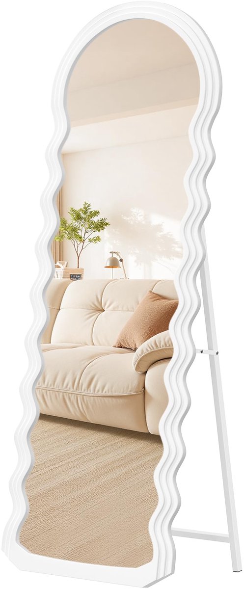 Famanu – Grote spiegel, staande spiegel met golvend design, afmetingen 160 x 50 cm, vrijstaand met MDF-frame, ideaal voor slaapkamer en woonkamer, wolkenwit