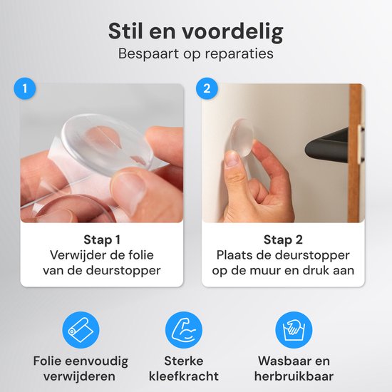 Stap 1: Verwijder folie van deurstopper. Stap 2: Plaats deurstopper op muur en druk aan. Folie makkelijk te verwijderen, sterke kleefkracht, wasbaar.