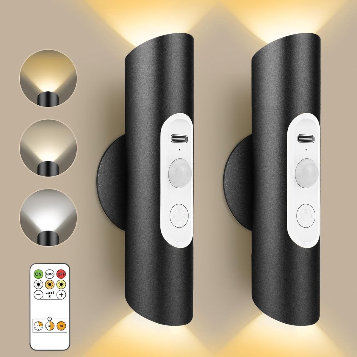 Schilderijlampje draadloos - Zwart - Accu Wandlamp Binnen - Dimbaar met Bewegingssensor en Afstandsbediening - 2 Stuks
