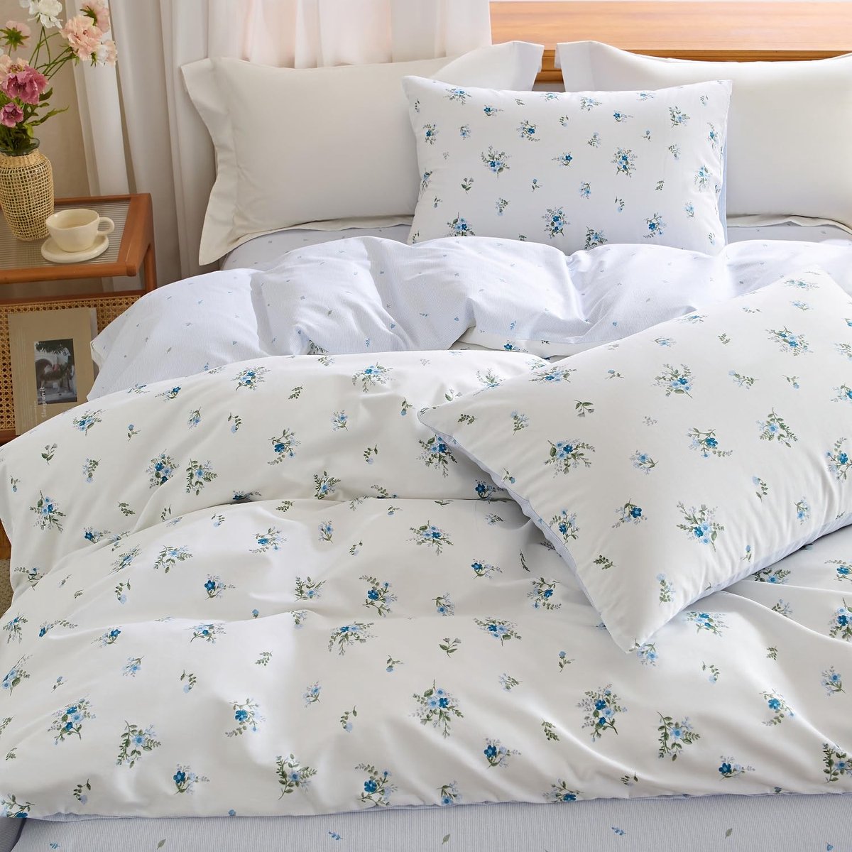 Lanqinglv Beddengoed, 200 x 220 cm, katoen, bloemenpatroon, blauw/wit, 100% katoen, beddengoedset met ritssluiting - ShopVlot