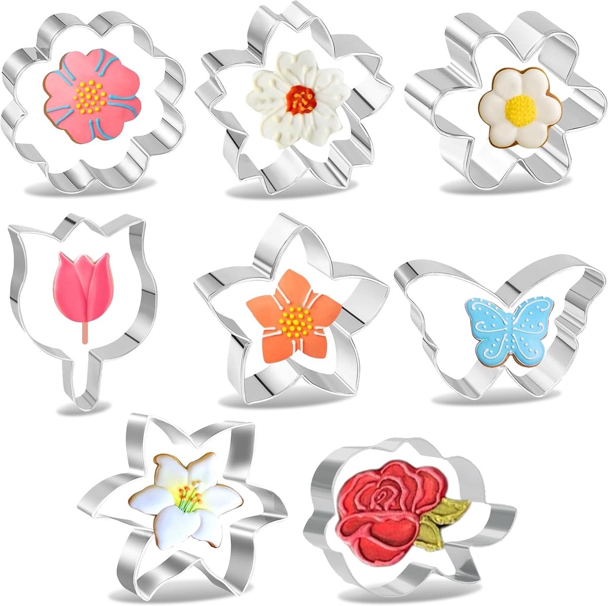 8 Pieces Cutters Flowers, Silver Cookie Cutters for Spring, Flower and Butterfly Shapes with Stainless Steel Cookie - ShopVlot