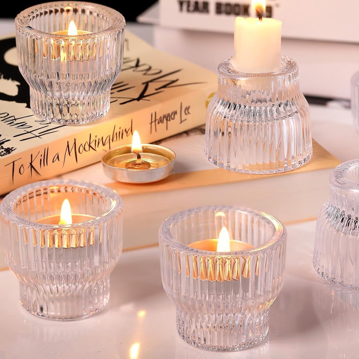 Glazen kandelaars 12 stuks - doorzichtig - geribbeld design - perfect voor tafeldecoratie - ShopVlot