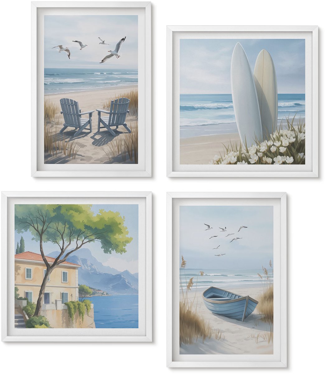 Wallfluent 4-Delige Schilderij Set - Strand Met Surfplanken, Boten En Vogels - 40 x 40 En 40 x 60 - Wanddecoratie - Schilderijen Set - Kantoor - Muurdecoratie