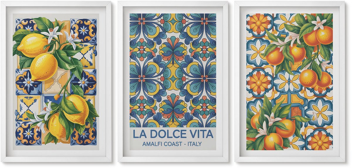 Wallfluent 3-Delige Schilderij Set - Citroen- En Sinaasappelbloemen In Kleurrijke Patronen - 40 x 60 - Stijlvolle Muurdecoratie - Slaapkamer - Moderne Wanddecoratie
