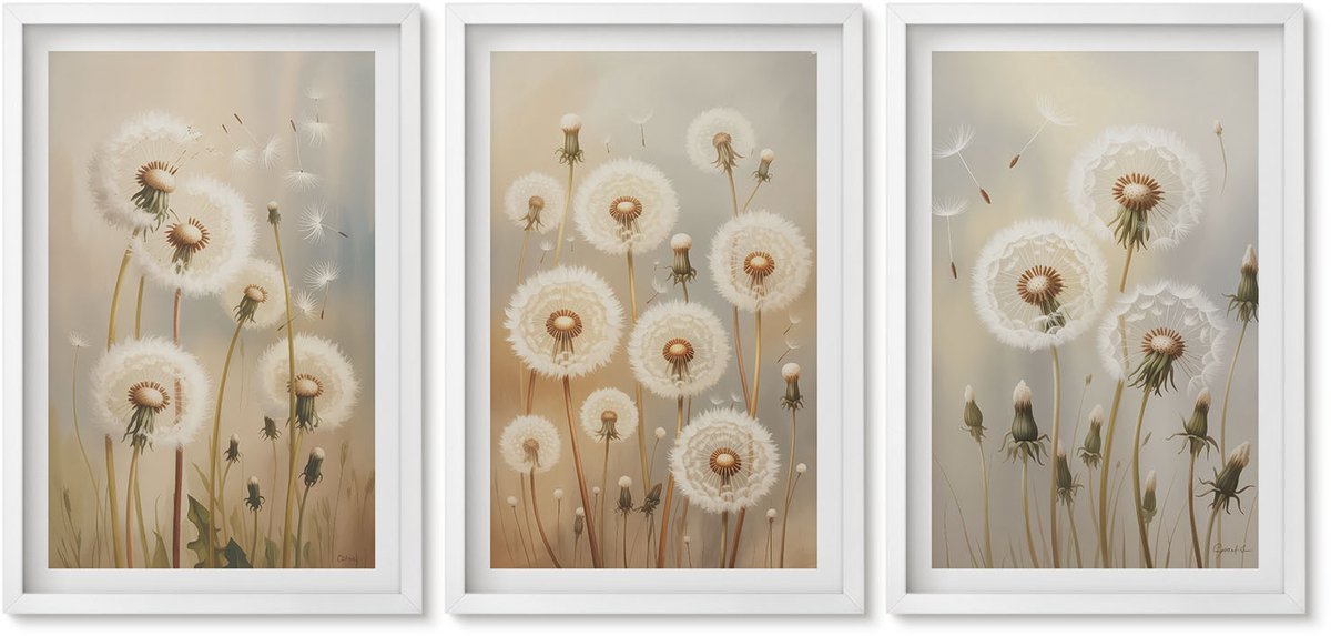 Wallfluent 3-Delige Schilderij Set - Witte Paardenbloemen Op Een Achtergrond Van Lichte Kleuren. - 40 x 60 - Wanddecoratie - Muurdecoratie - Moderne Interieurdecoratie