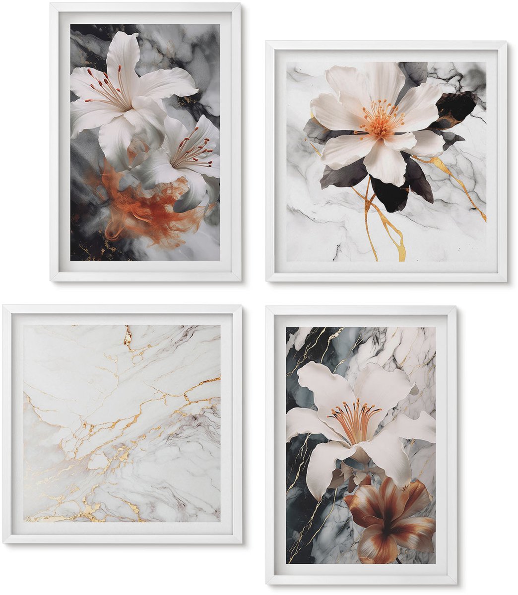 Wallfluent 4-Delige Schilderij Set - Bloemen Op Een Marmeren Achtergrond In Wit- En Zwarttinten. - 40 x 40 En 40 x 60 - Stijlvolle Muurdecoratie - Slaapkamer - Moderne Wanddecoratie