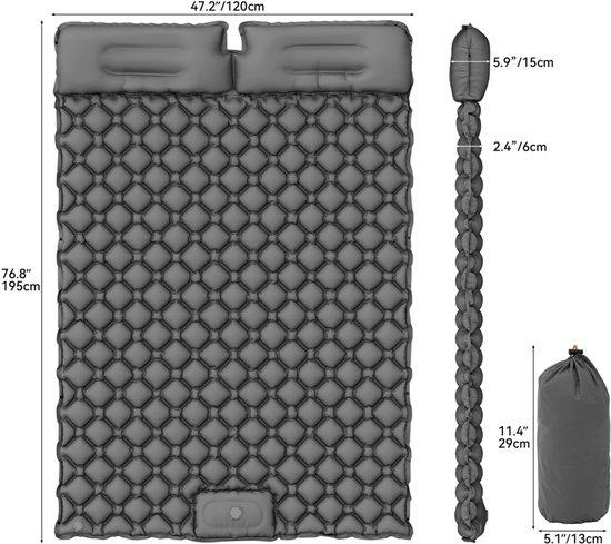 Slaapmat Opblaasbaar 2 Persoons - Zelfopblazend Campingmat - Luchtbedmat - 195x120cm - 40D Nylon - Voetpomp Inbegrepen - Honingraat Airbags - Lichtgewicht - 200 kg Draagkracht - Voor Kamperen & Wandelen — afbeelding 4