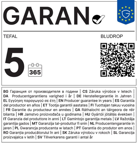 Tefal Bludrop 5 jaar garantie op de thermosfles.
