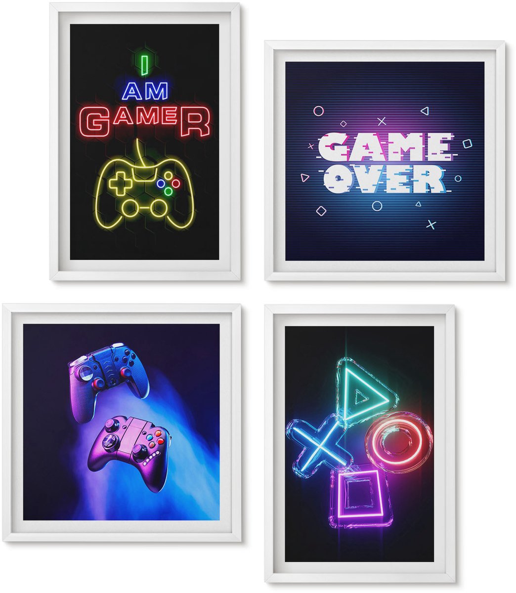 Wallfluent 4-Delige Schilderij Set - Gamepads Spelersinscripties Pictogrammen - 40 x 40 En 40 x 60 - Muurdecoratie - Schilderijen Set - Woonkamer - Wanddecoratie