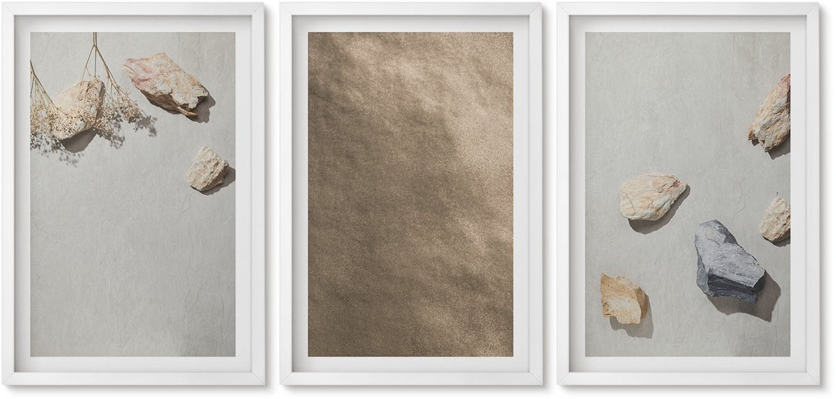 Wallfluent 3-Delige Schilderij Set - Strandstenen, Natuurlijke Structuren - 40 x 60 - Decoratieve Schilderijen - Woonkamer - Interieur - Stijlvolle Muurdecoratie