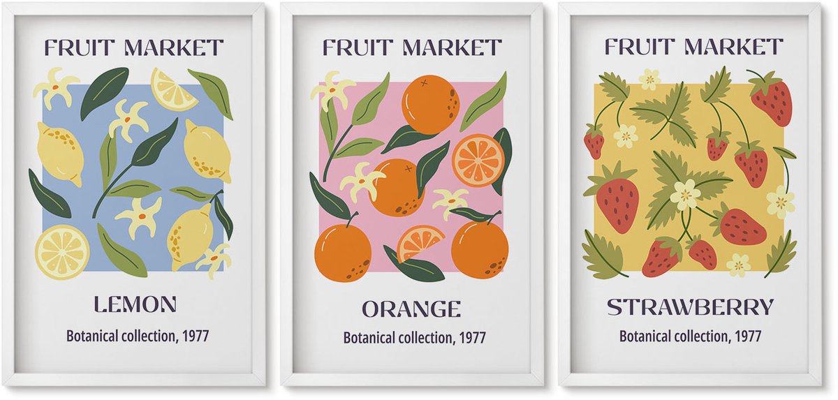 Wallfluent 3-Delige Schilderij Set - Fruitposters Met Citroenen, Sinaasappels En Aardbeien. - 40 x 60 - Moderne Wanddecoratie - Slaapkamer - Interieur Decoratie