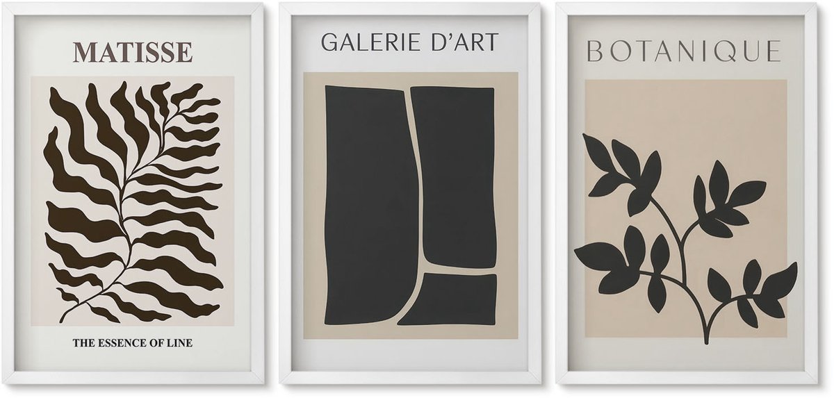 Wallfluent 3-Delige Schilderij Set - Minimalistische Posters Met Plantenpatronen En Abstracte Kunst. - 40 x 60 - Decoratieve Schilderijen - Wanddecoratie - Hal