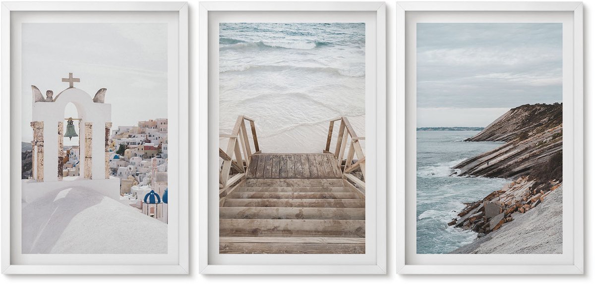 Wallfluent 3-Delige Schilderij Set - Uitzicht Op De Zee En De Architectuur Van Santorini Tegen De Hemel. - 40 x 60 - Muurdecoratie - Interieur Decoratie - Stijlvolle Muurdecoratie