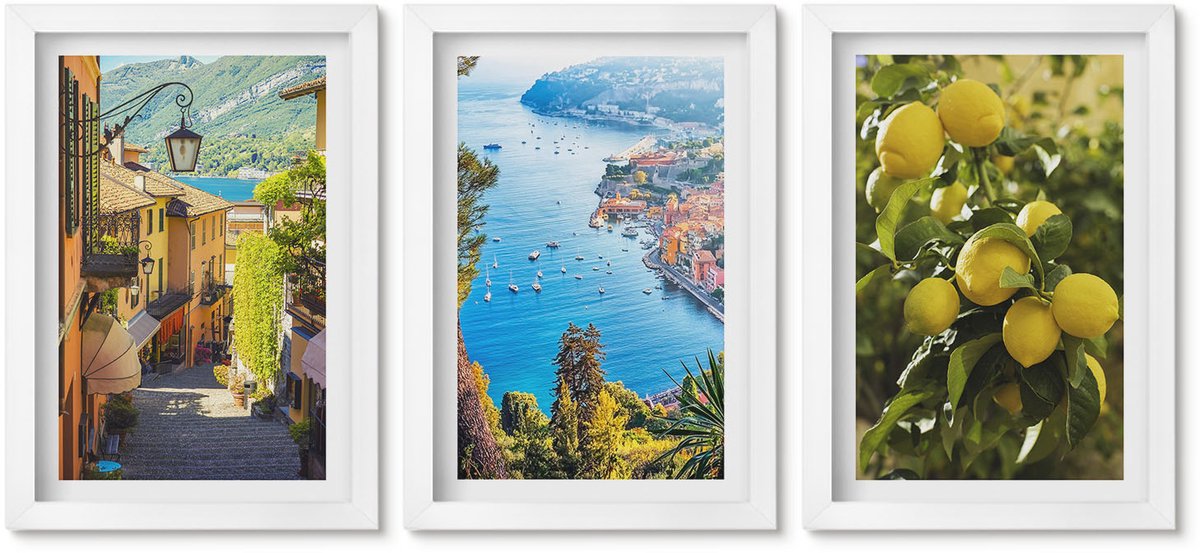 Wallfluent 3-Delige Schilderij Set - Schilderachtige Straatjes Langs De Kust, Uitzicht Op De Zee En Citroenen. - 20 x 30 - Schilderijen Set - Wanddecoratie - Woonkamer