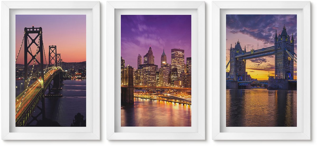 Wallfluent 3-Delige Schilderij Set - Bruggen Bij Zonsondergang En Stedelijke Landschappen - 20 x 30 - Stijlvolle Wanddecoratie - Interieur - Interieur Decoratie